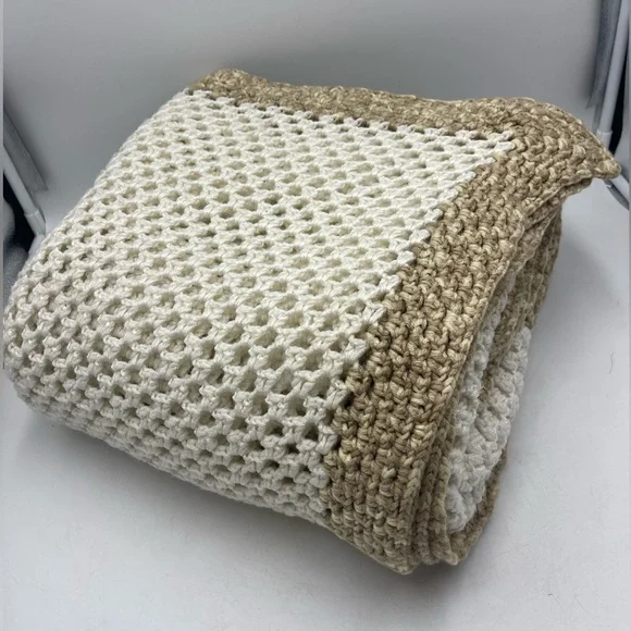 Handmade Double Crochet Cream & Tan Striped Knit Blanket (54” wide x 76” long)